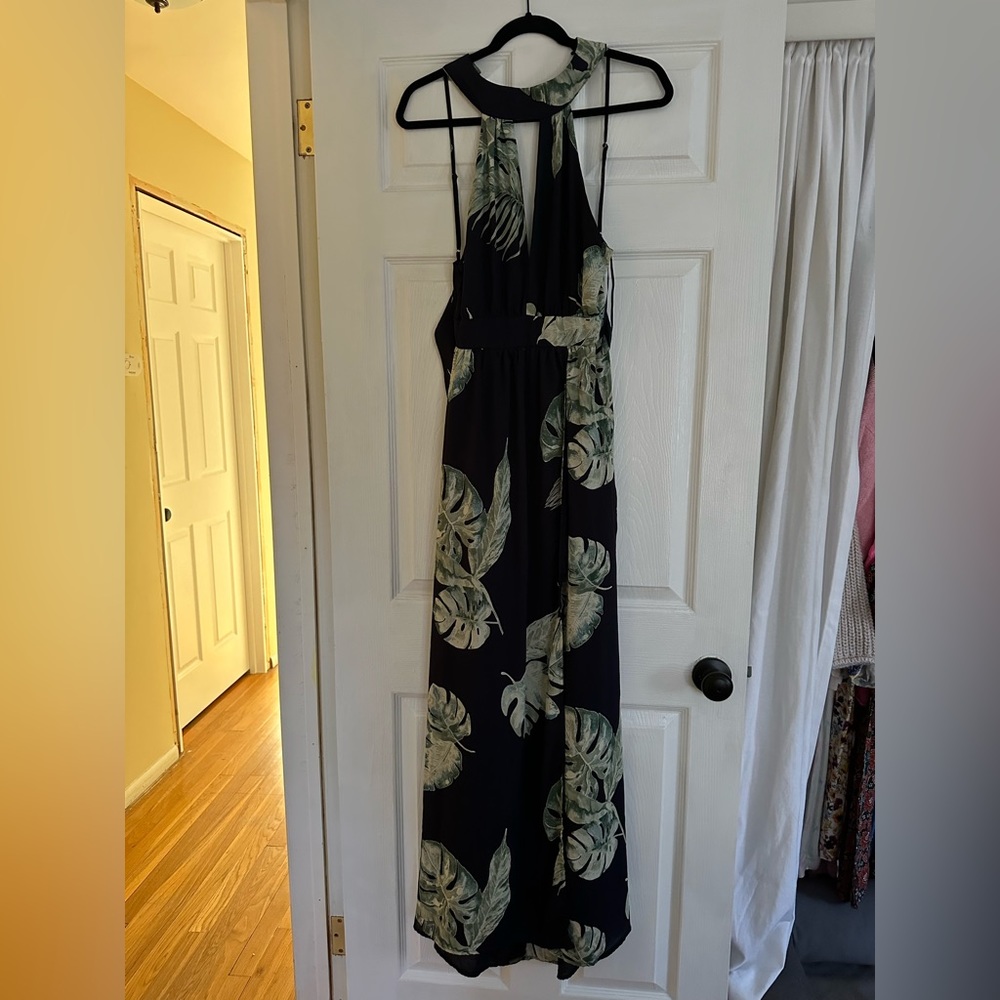Palm leave maxi halter dress with open back